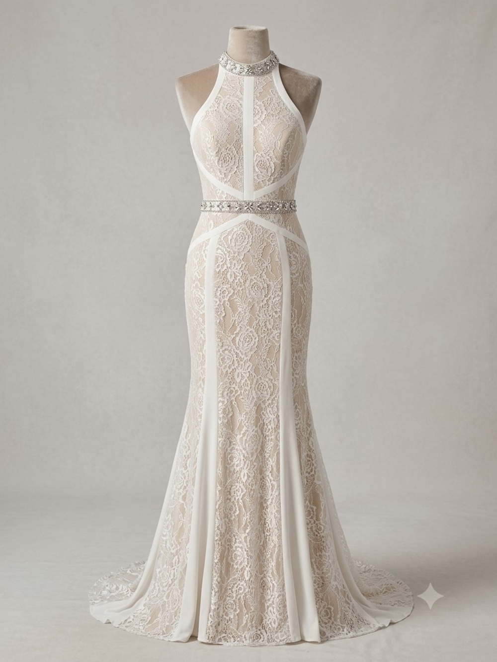 2 Cute White Lace Nude High Neck Beaded Mermaid Formal‎ Prom Gown Dress 4